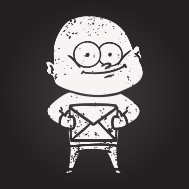 Tahta tebeşir karikatür kel adam bir insan tarafından çizilmiş bir mektupla bakıyor.