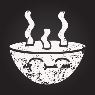 Tahta tebeşir, bir insan tarafından çizilmiş sıcak çorba kasesinin karikatürü.