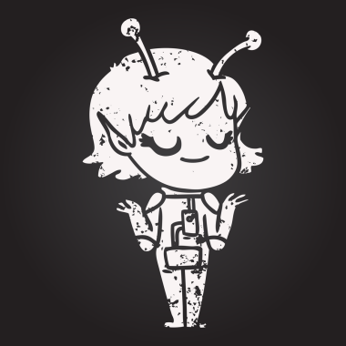 Bir insan tarafından çizilmiş tebeşir tebeşiri gülümseyen uzaylı kız çizgi filmi