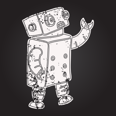 Bir insan tarafından çizilmiş kara tahta tebeşir çizgi film robotu.