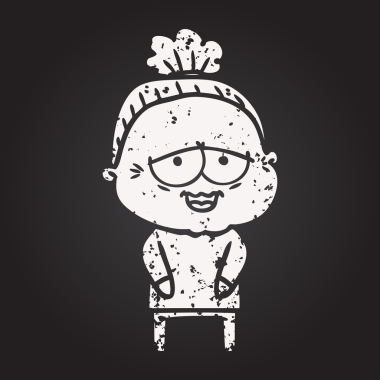 Karatahta karikatür mutlu yaşlı kadın bir insan tarafından çizilmiş.