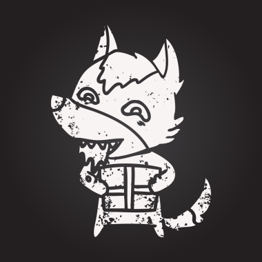 Karatahta tebeşir karikatürü aç kurt bir insan tarafından çizilmiş Noel hediyesini taşıyor.