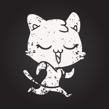 Bir insan tarafından çizilmiş kara tahta tebeşirli mutlu çizgi film kedisi.