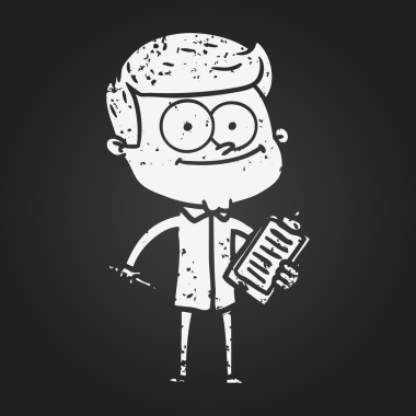 Bir insan tarafından çizilmiş kara tahta tebeşir çizgi filmi, mutlu satıcı.