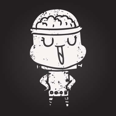 Bir insan tarafından çizilmiş kara tahta tebeşirli mutlu çizgi film robotu.