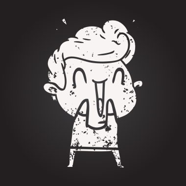 Karatahta karikatür mutlu adam bir insan tarafından çizilmiş gülüyor.