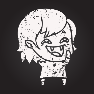 Bir insan tarafından çizilmiş gülen vampir kız karikatürü.