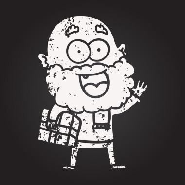 Kara tahta tebeşir çizgi filmi sakallı ve kolunun altında bir insan tarafından çizilmiş çılgın mutlu adam.