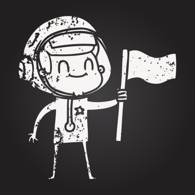 Kara tahta tebeşir mutlu çizgi film astronotu bir insan tarafından çizilmiş.