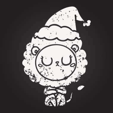 Tahta tebeşirle çizilmiş bir aslan, Noel Baba şapkası giymiş bir insan tarafından çizilmiş.