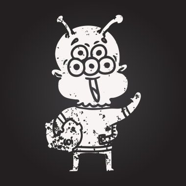 Kara tahta tebeşirle mutlu çizgi film uzaylısıyla ay taşı bir insan tarafından çizilmiş.