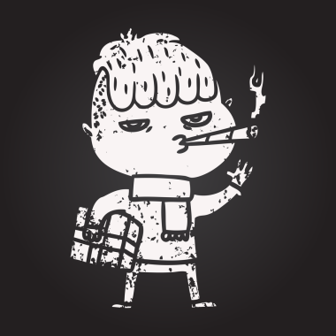 Karatahta tebeşirli adam sigara içiyor. Yanında bir insan tarafından çizilmiş Noel hediyesi taşıyor.