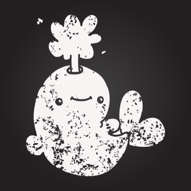 Karatahta karikatür balinası bir insan tarafından çizilmiş su püskürtüyor.