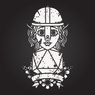 Kara tahta tebeşir ve beyaz dövme. İnsan eliyle çizilmiş 20 zarlı elf dövüşçüsü.