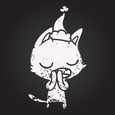 Tahta tebeşirle konuşan kedi eli bir insan tarafından çizilmiş Noel Baba şapkası.