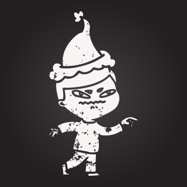 Tahta tebeşirle çizilmiş bir el, Noel Baba şapkası giymiş kızgın bir adamı işaret eden bir insan tarafından çizilmiş.