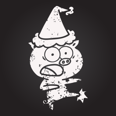 blackboard chalk hand drawn drawing of a pig shouting and kicking wearing santa hat drawn by a human