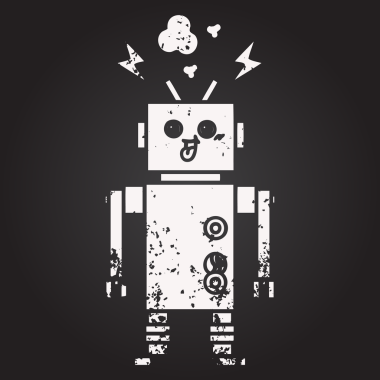 Karatahta bir insan tarafından çizilmiş çılgın bir robotun karikatürü.