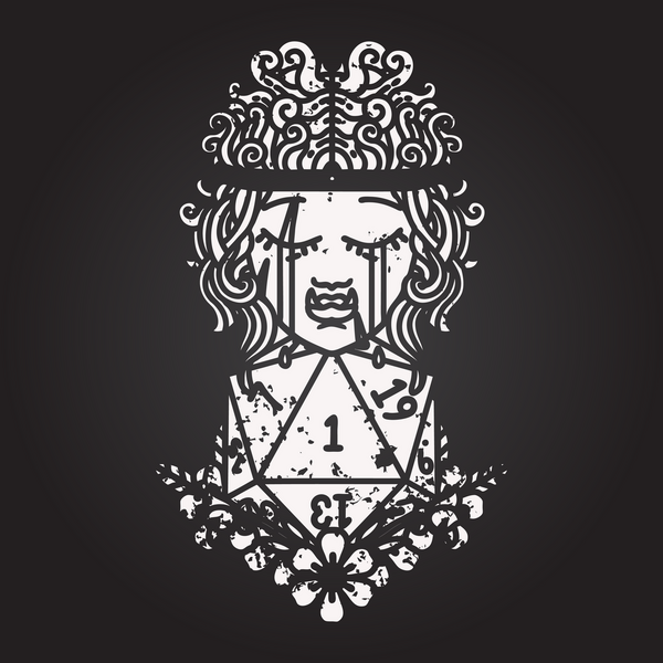 Kara tahta tebeşir ve beyaz dövme stili üzgün ork barbar yüz doğal bir d20 ruloyla bir insan tarafından çizilmiş