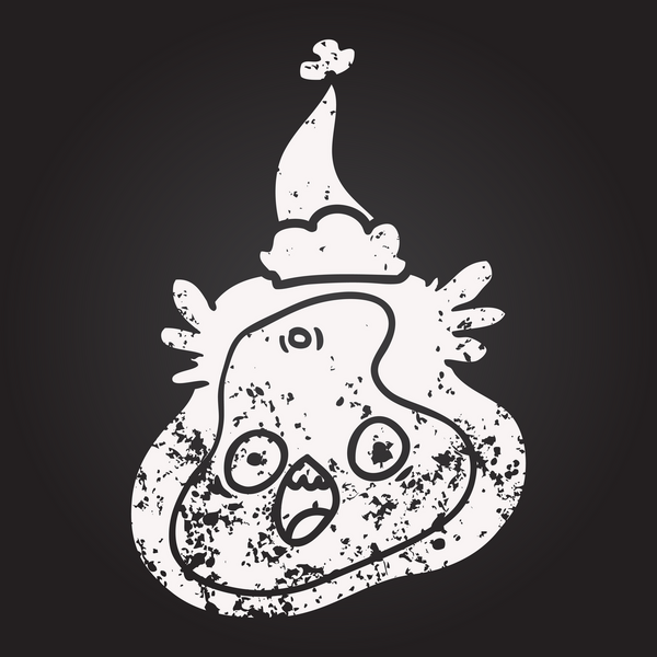 Kara tahta tebeşirle çizilmiş bir mikrop Noel Baba şapkası giymiş bir insan tarafından çizilmiş.