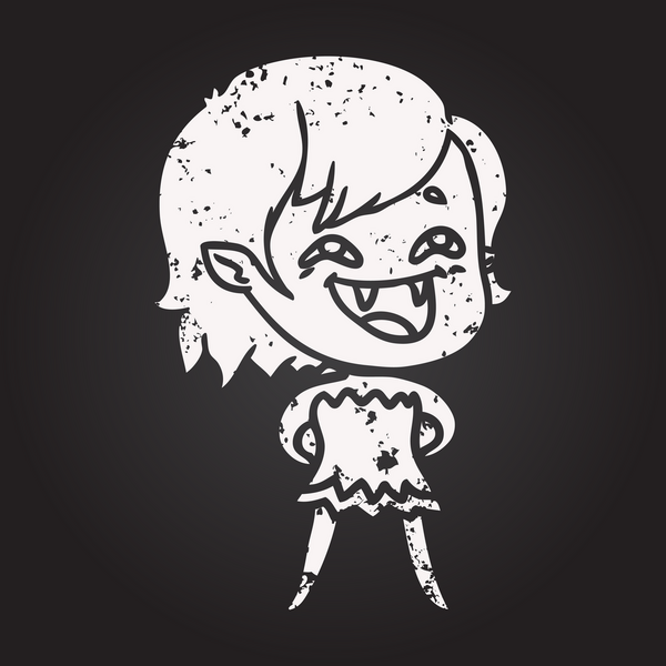 Bir insan tarafından çizilmiş gülen vampir kız karikatürü.