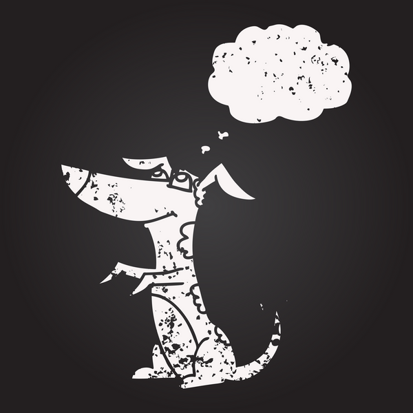 Tahta tebeşirle çizilmiş bir insan tarafından çizilmiş düşünce balonu karikatürü köpeği.