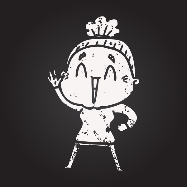 Karatahta karikatür mutlu yaşlı kadın bir insan tarafından çizilmiş.