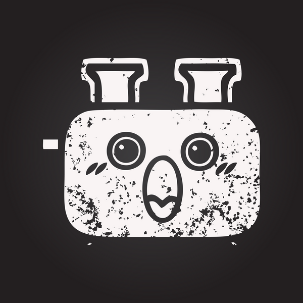 Tahta tebeşir, bir insan tarafından çizilmiş bir tost makinesinin karikatürü.