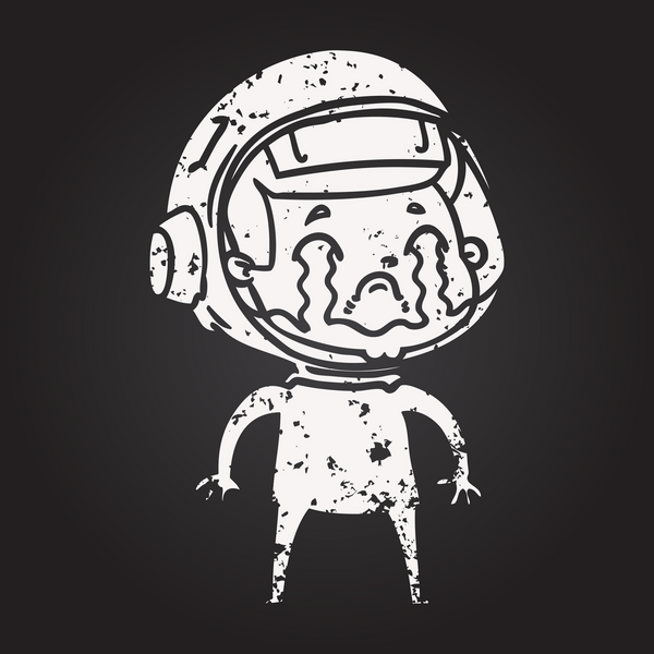 Bir insan tarafından çizilmiş karatahta karikatür ağlayan astronot.