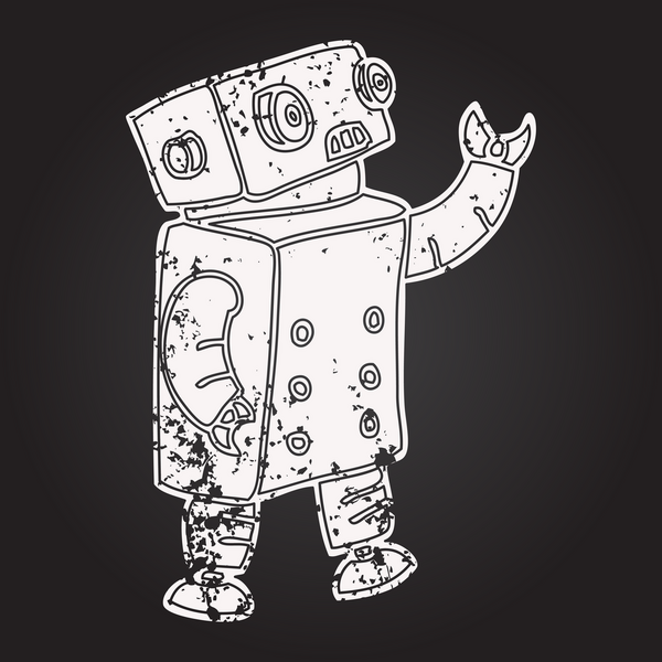 Bir insan tarafından çizilmiş kara tahta tebeşir çizgi film robotu.