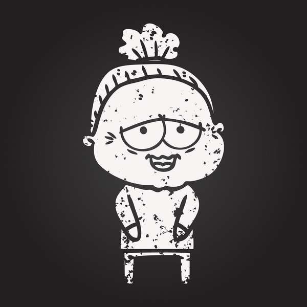 Karatahta karikatür mutlu yaşlı kadın bir insan tarafından çizilmiş.