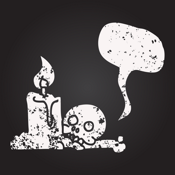 Tahta tebeşir serbest konuşma balonu karikatürü korkunç kafatası ve bir insan tarafından çizilmiş mum