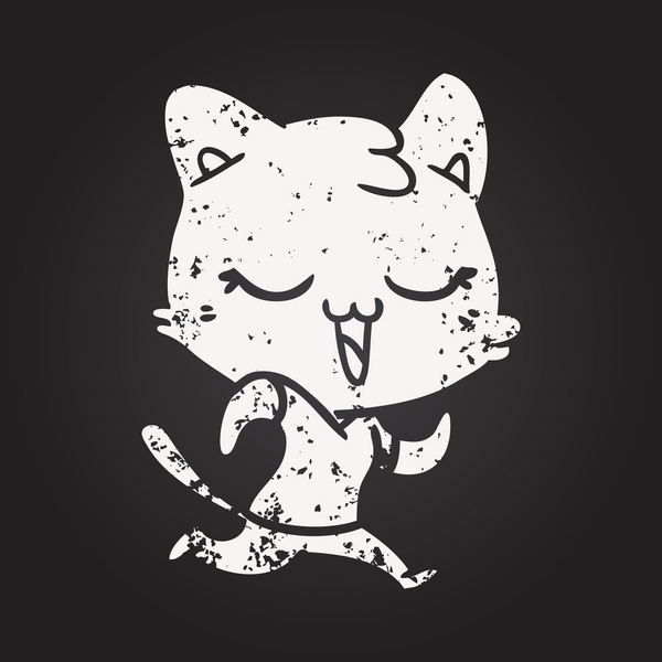 Bir insan tarafından çizilmiş kara tahta tebeşirli mutlu çizgi film kedisi.