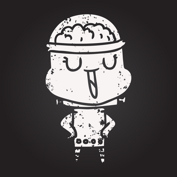 Bir insan tarafından çizilmiş kara tahta tebeşirli mutlu çizgi film robotu.