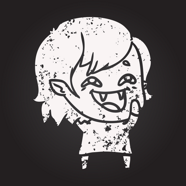 Bir insan tarafından çizilmiş gülen vampir kız karikatürü.