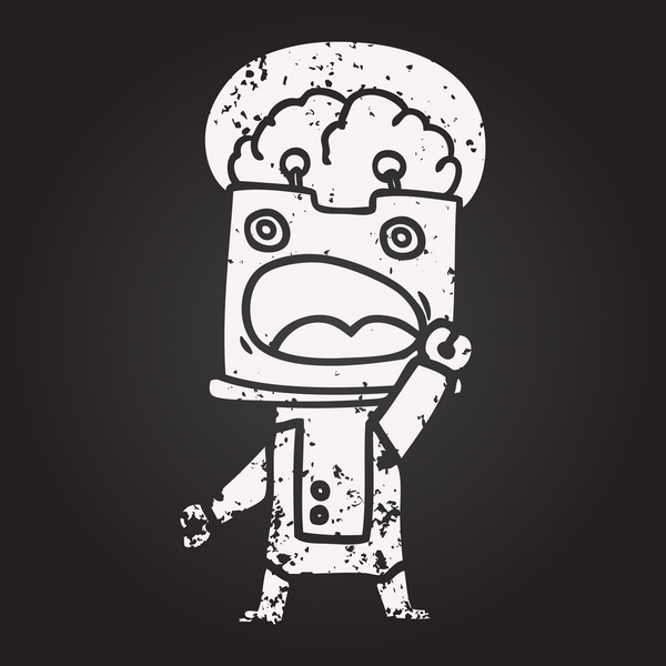 Bir insan tarafından çizilmiş kara tahta tebeşir çizgi film robotu.