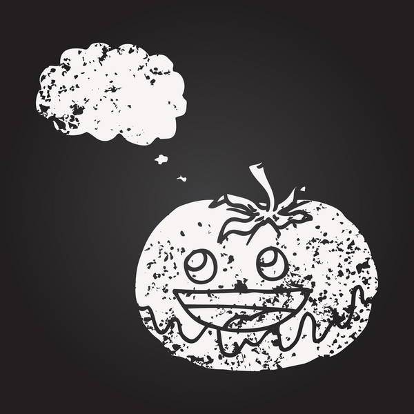 Tahta tebeşirle çizilmiş düşünce kabarcığı domatesi bir insan tarafından çizilmiş.