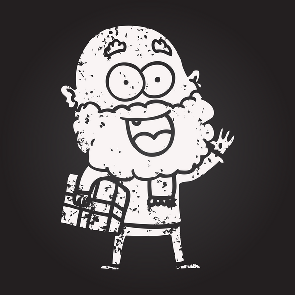 Kara tahta tebeşir çizgi filmi sakallı ve kolunun altında bir insan tarafından çizilmiş çılgın mutlu adam.