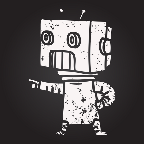 Bir insan tarafından çizilmiş kara tahta tebeşir çizgi film robotu.