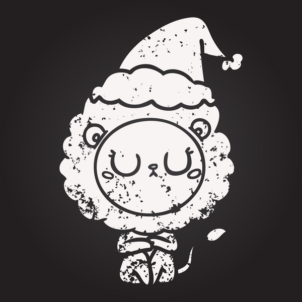 Tahta tebeşirle çizilmiş bir aslan, Noel Baba şapkası giymiş bir insan tarafından çizilmiş.