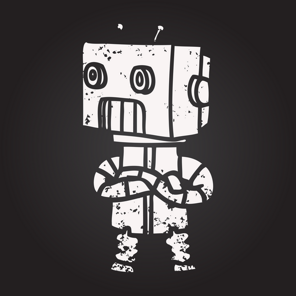 Bir insan tarafından çizilmiş kara tahta tebeşir çizgi film robotu.