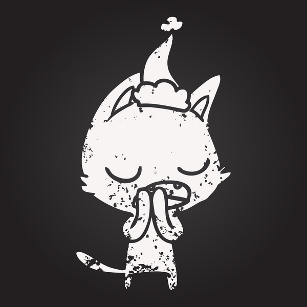 Tahta tebeşirle konuşan kedi eli bir insan tarafından çizilmiş Noel Baba şapkası.