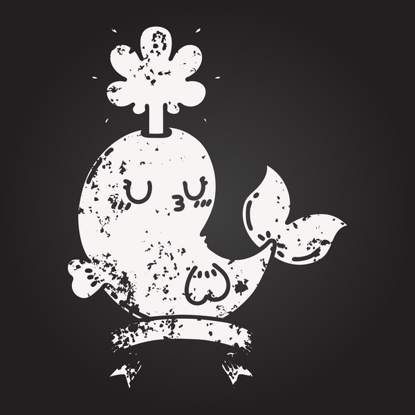 Siyah dövmeli kara tahta parşömen afişi. Bir insan tarafından çizilmiş mutlu, fışkırtan balina karakteri.