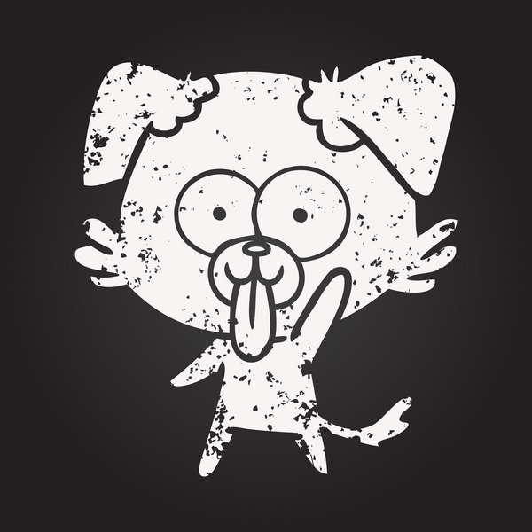 Tahta tebeşirle çizilmiş, dili bir insan tarafından çizilmiş bir köpek.