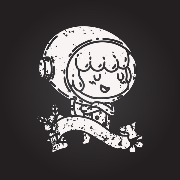 Siyah dövmeli kara tahta parşömen afişi. Astronot kıyafetli kadın bir insan tarafından çizilmiş.