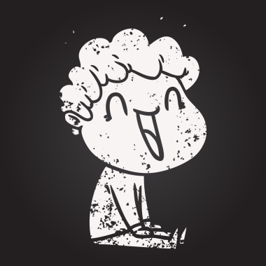 Karatahta karikatür mutlu adam bir insan tarafından çizilmiş gülüyor.