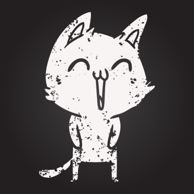 Bir insan tarafından çizilmiş kara tahta tebeşirli mutlu çizgi film kedisi.