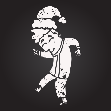 Bir insan tarafından çizilmiş Noel şapkası giyen kara tahta tebeşirli bir karikatür adam.