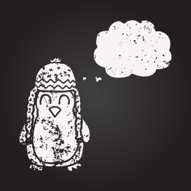 Tahta tebeşirle çizilmiş düşünce balonu pengueni insan şapkası takıyor.