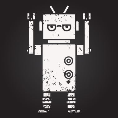 Karatahta bir insan tarafından çizilmiş rahatsız bir robotun karikatürünü çiziyor.